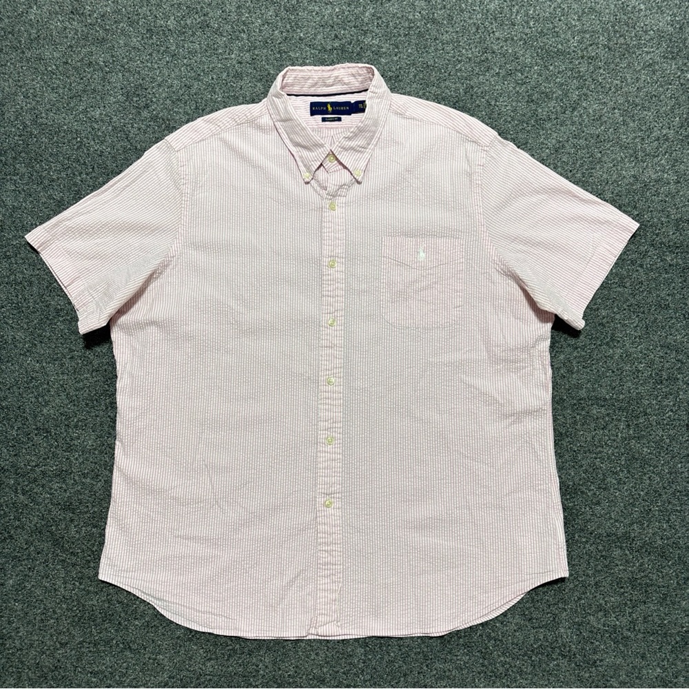 Ralph Lauren Shirt Mens XXL Pink Striped Short Sleeve Woven Seersucker Button Up